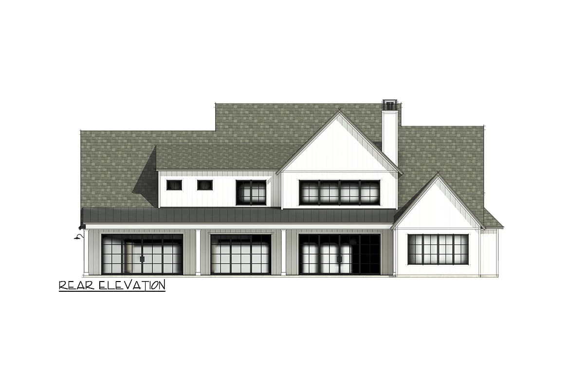 Rear elevation of a modern farmhouse-style home design with white siding, dark-framed windows, a gray roof, and a covered porch area.