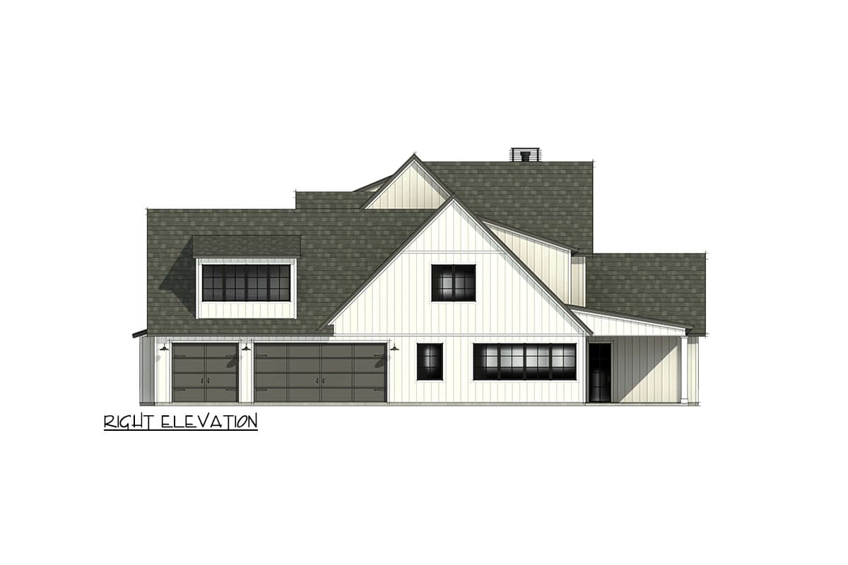 Architectural rendering of a modern farmhouse-style house, featuring white siding, dark gray roof, two-car garage, and multiple windows.