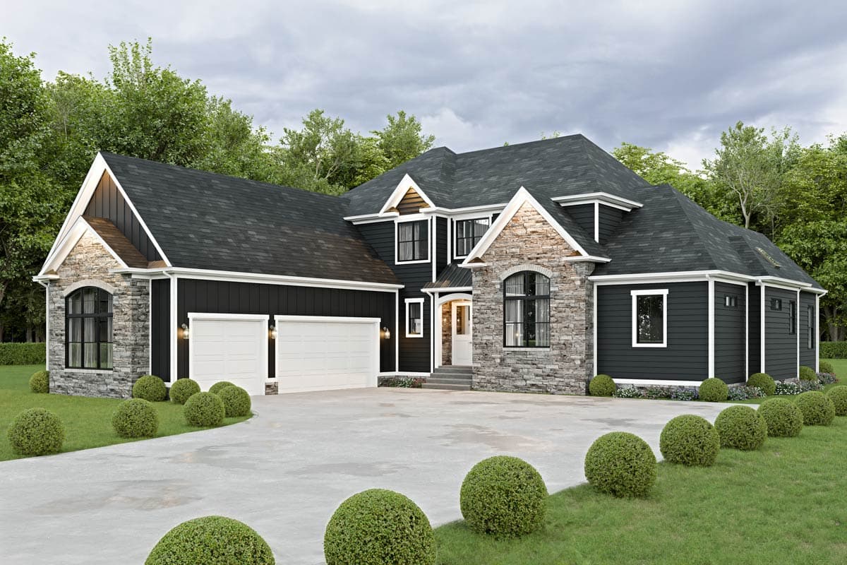 House plan exterior. Two-story home with a gabled roof, two-car garage, and a mix of stone and siding exterior. Features include a front entry.