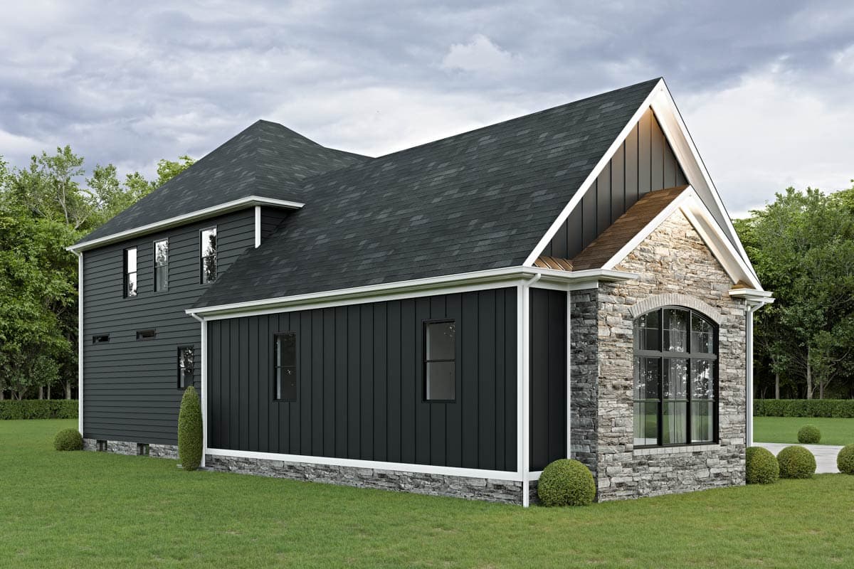Two-story house plan exterior with dark vertical siding, stone foundation, and gabled rooflines.