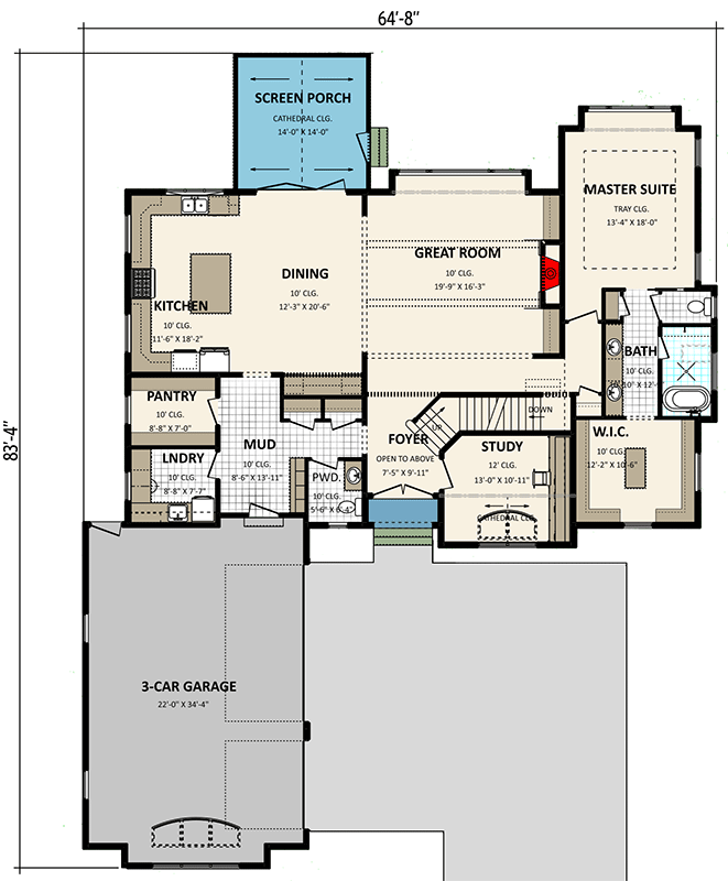 Plan 911033JVD: Transitional House Plan with 4 Beds and a 3-Car Garage - 3465 Sq Ft - Floor Plan - Main Level - New American, Transitional