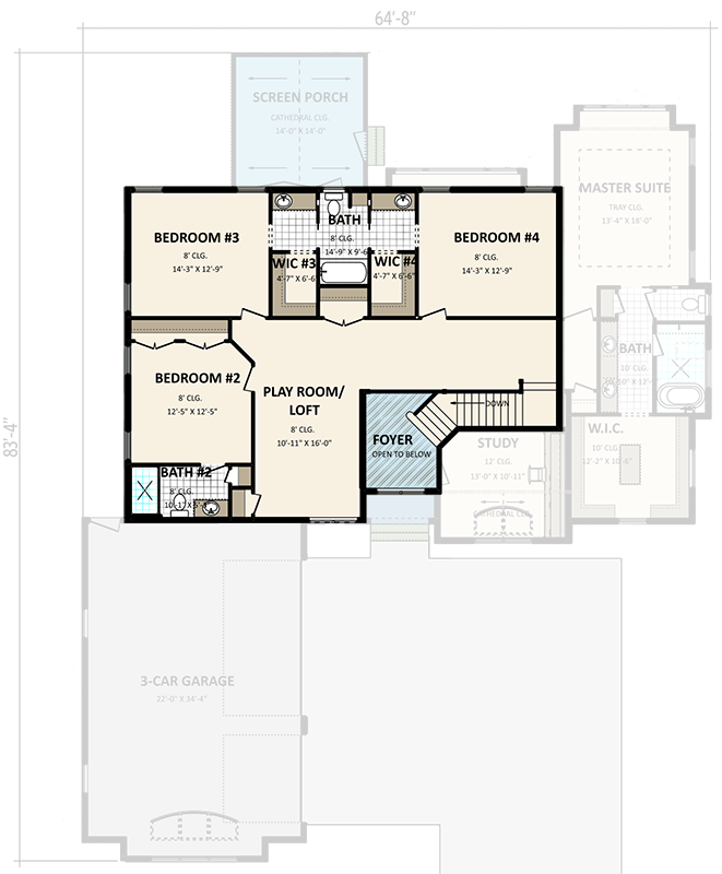 Plan 911033JVD: Transitional House Plan with 4 Beds and a 3-Car Garage - 3465 Sq Ft - Floor Plan - 2nd Floor - New American, Transitional