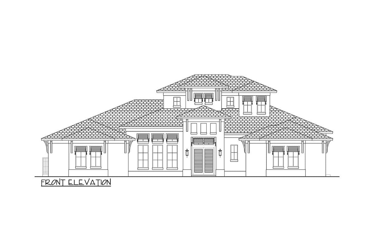 Front elevation of a house plan featuring a layered roofline, multiple dormers, and a central entryway with double doors.