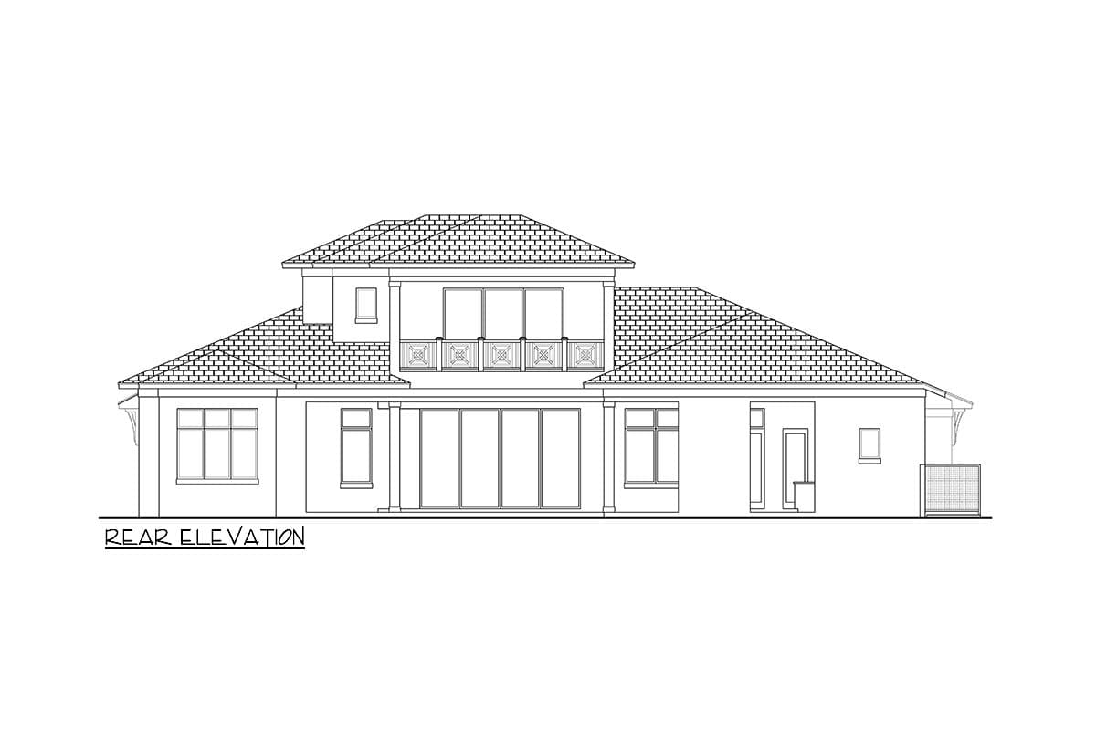 Rear elevation drawing of a two-story house with a tiled roof, large sliding glass doors, and a second-story balcony.