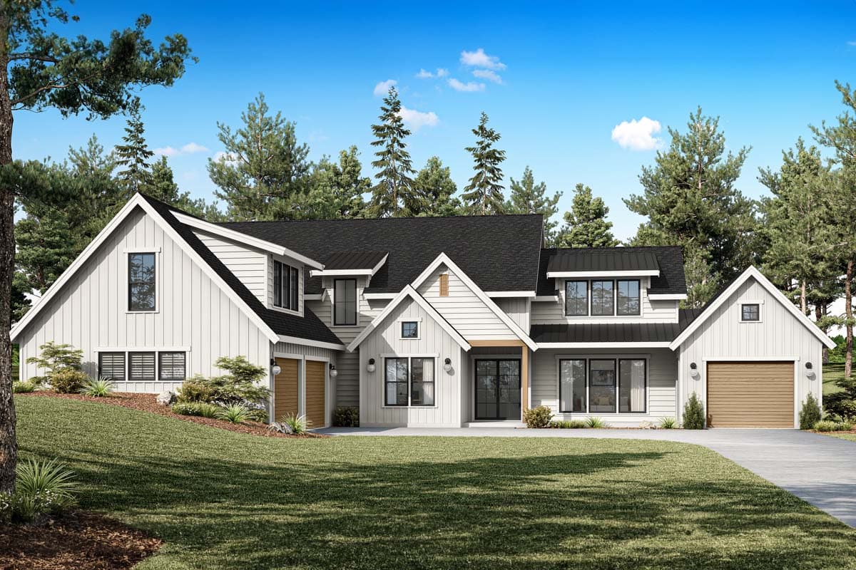 House plan exterior in a Modern Farmhouse style. Features include gables, dormers, and a two-car garage. Two stories.