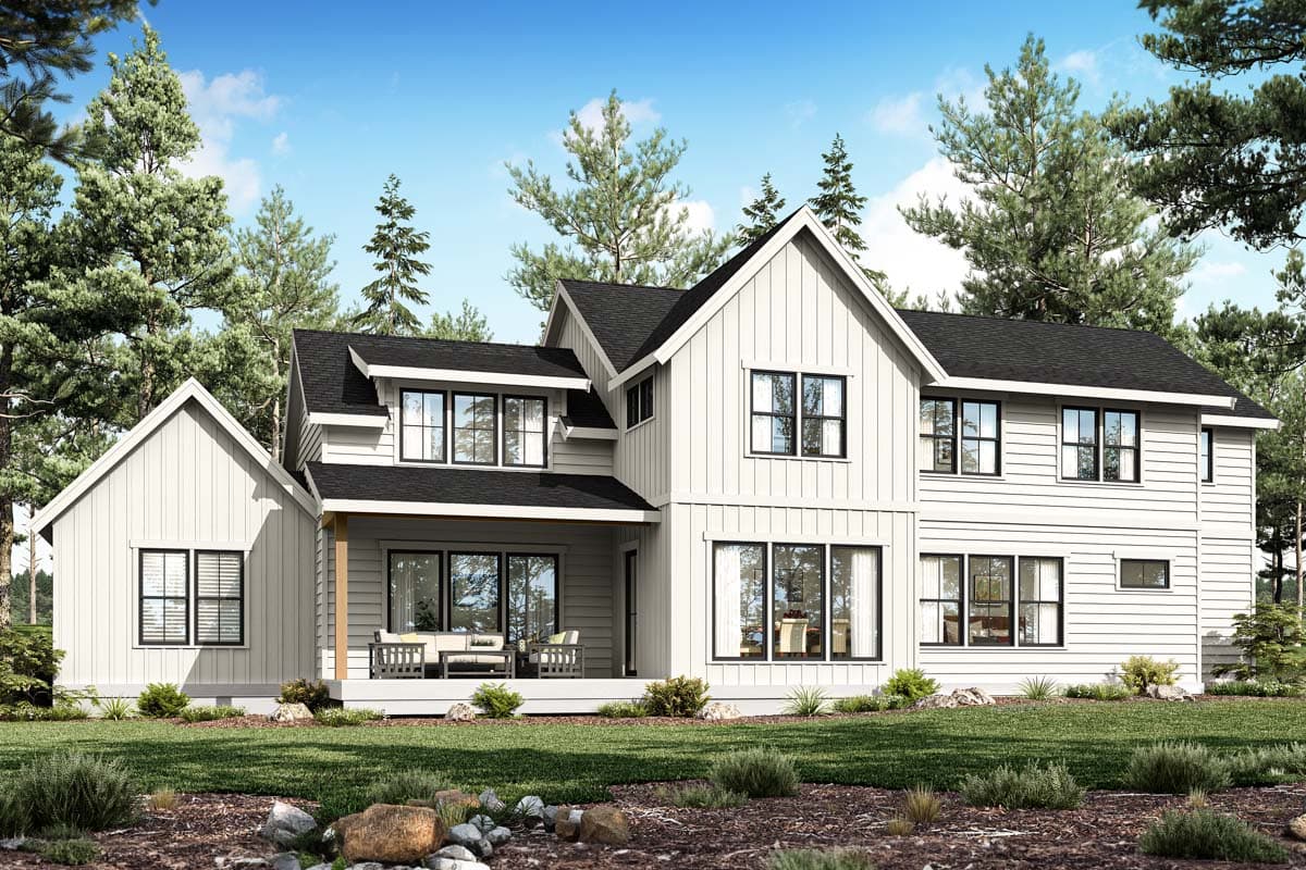 Modern Farmhouse house plan exterior, two stories, board and batten siding, gables, and covered porch with wood columns.