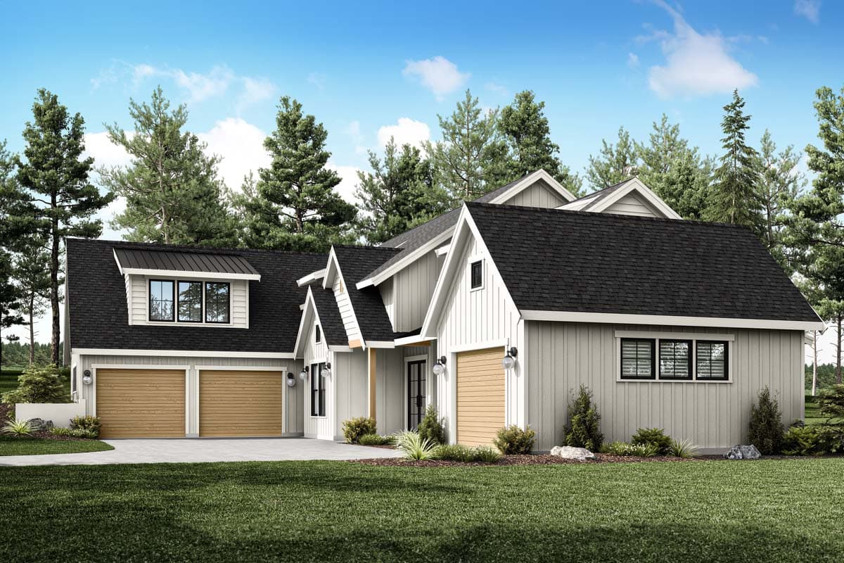 Modern Farmhouse house plan exterior with a dormer, multiple gables, and a three-car garage.