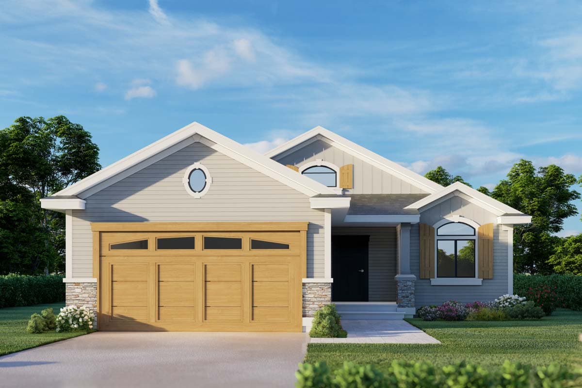 House plan exterior: Ranch style, one story, with a multi-section wood garage door, stone accents, and gabled rooflines.