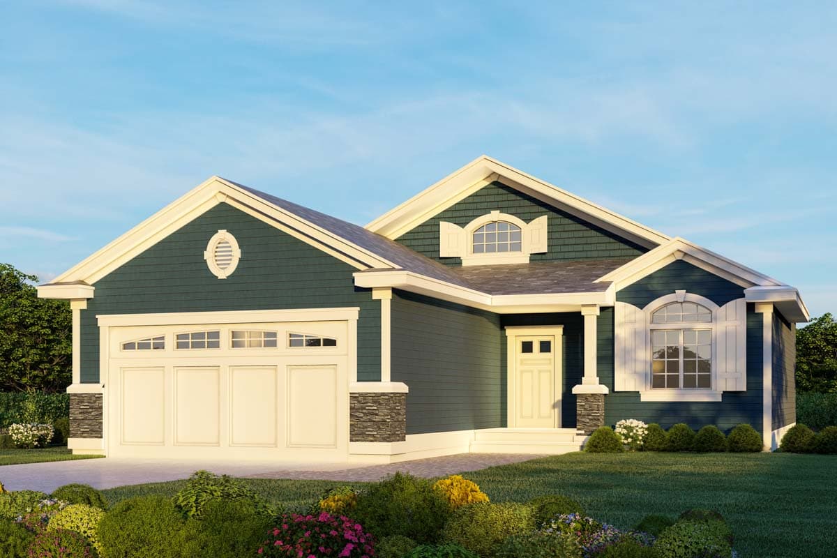 House plan exterior: Single-story Modern Farmhouse with side-entry garage, arched dormer window, and covered entry porch.