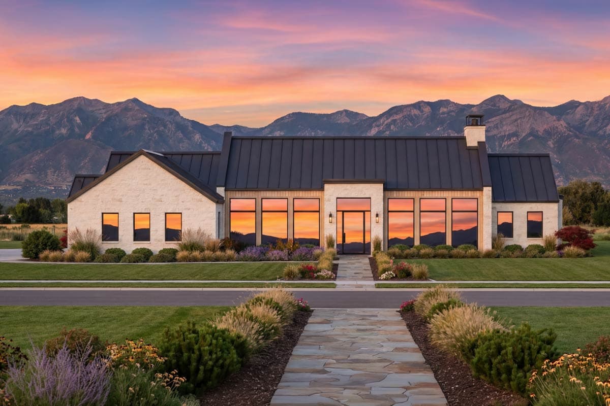 Modern house plan exterior with light stone, large windows reflecting sunset, metal roof, and prominent chimney.