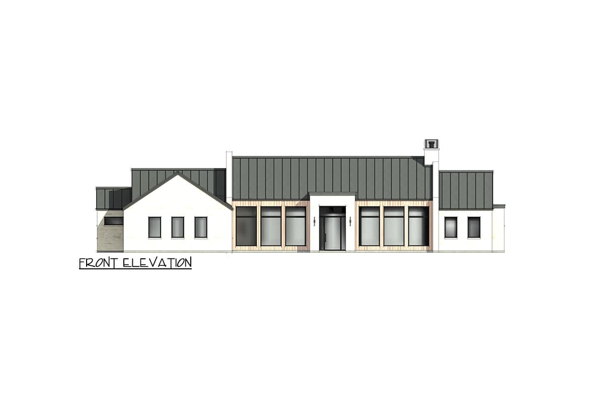 Front elevation drawing of a one-story house with a gabled roof, central entrance, and varied window styles.