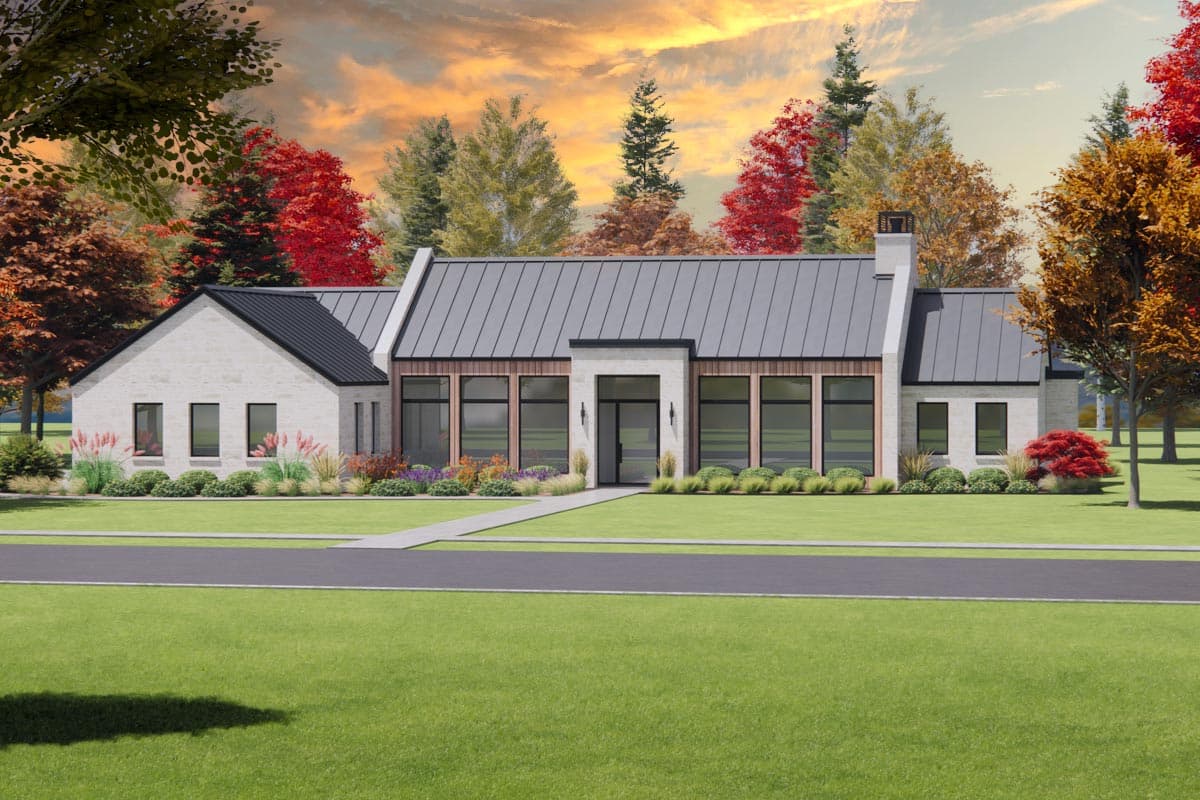 House plan exterior. Modern farmhouse style, single-story home with metal roof. Features include gables, large windows, and a covered entry.