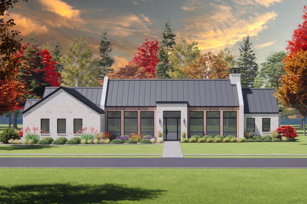 House plan exterior featuring a Modern Farmhouse style with a metal roof, stone facade, gable rooflines, and large windows.