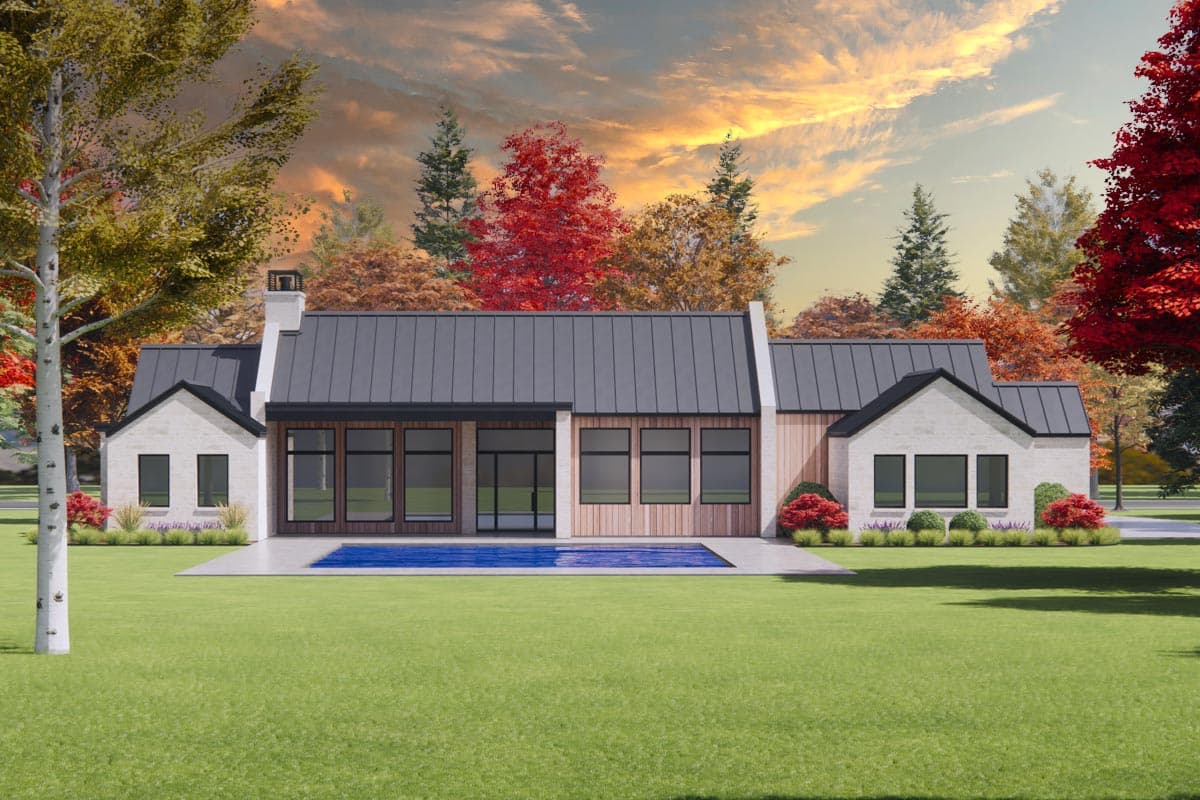 Modern house plan exterior with stone facade, metal roof, large windows, and a swimming pool.