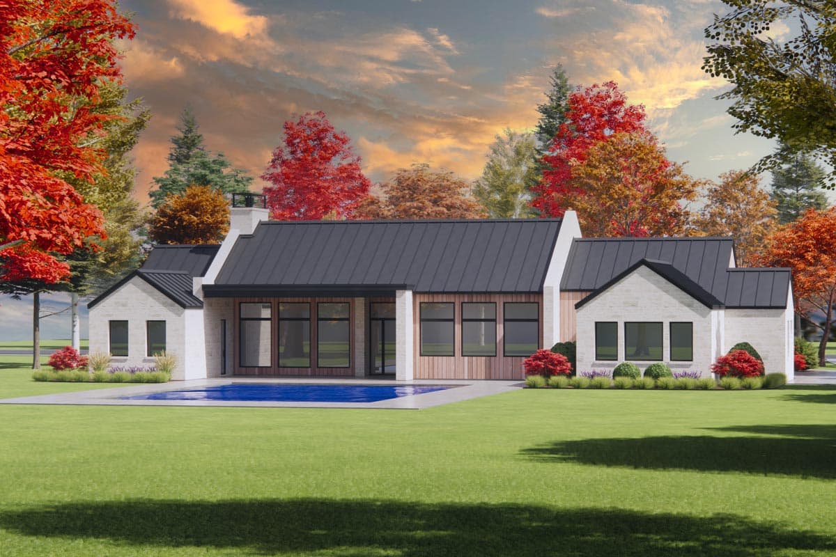 House plan exterior: Modern design with stone and wood facade, metal roof, large windows, and a pool.