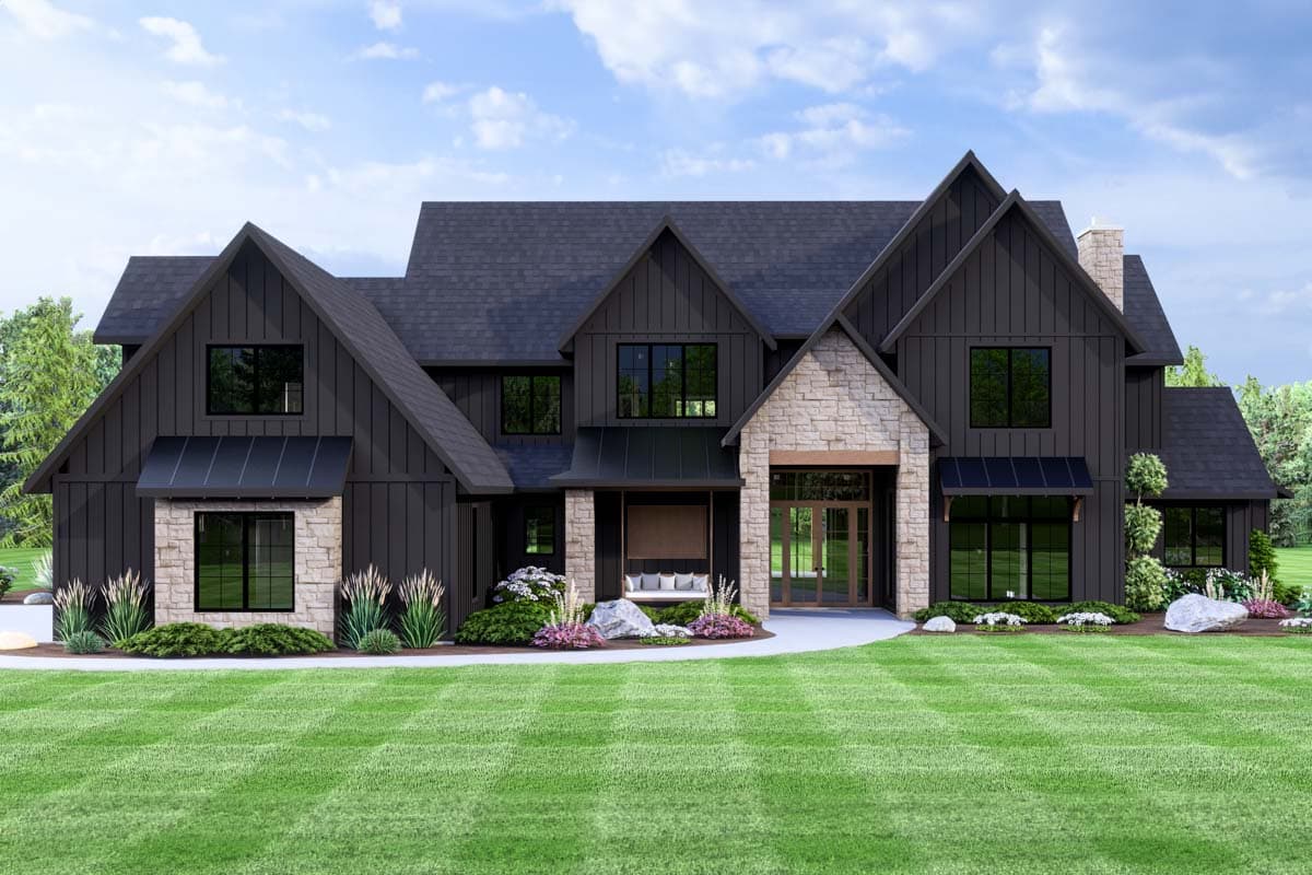 House plan exterior. Two-story Modern Farmhouse with gabled rooflines, stone accents, and black board and batten siding.