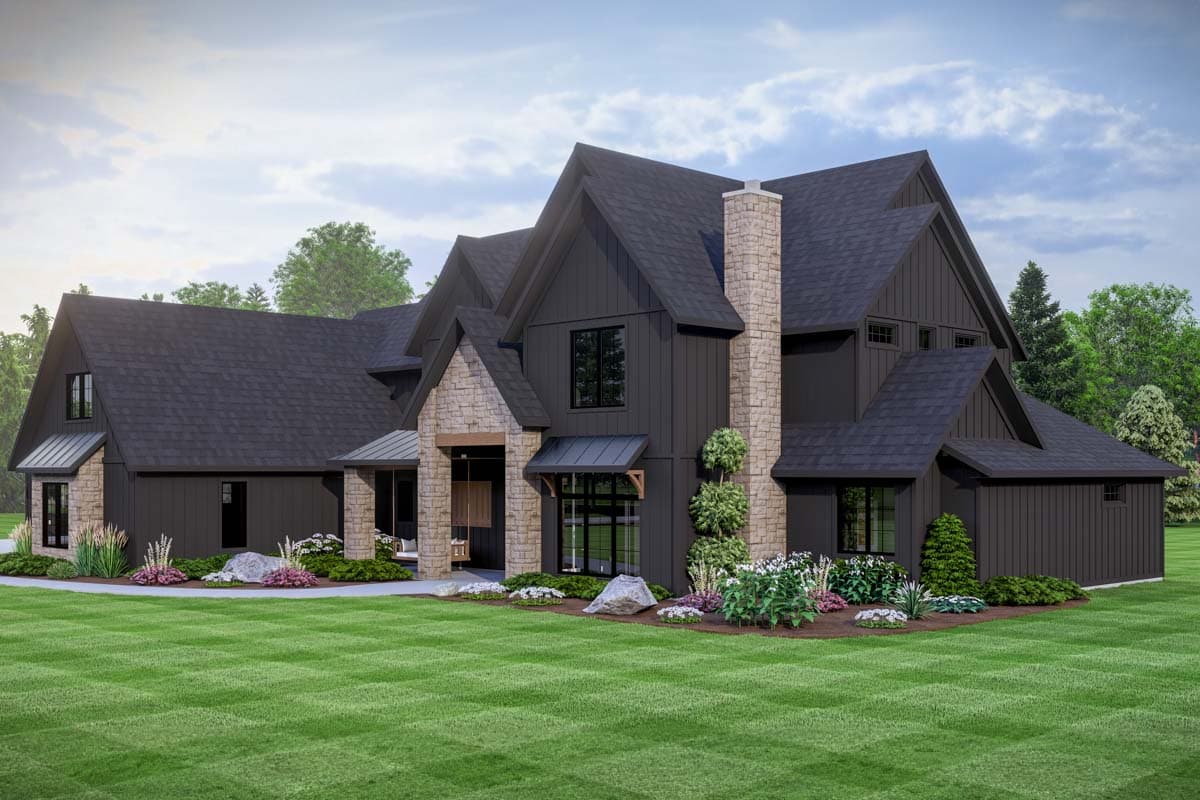 Modern Farmhouse house plan exterior with dark siding, stone accents, multiple gables, and a prominent stone chimney.