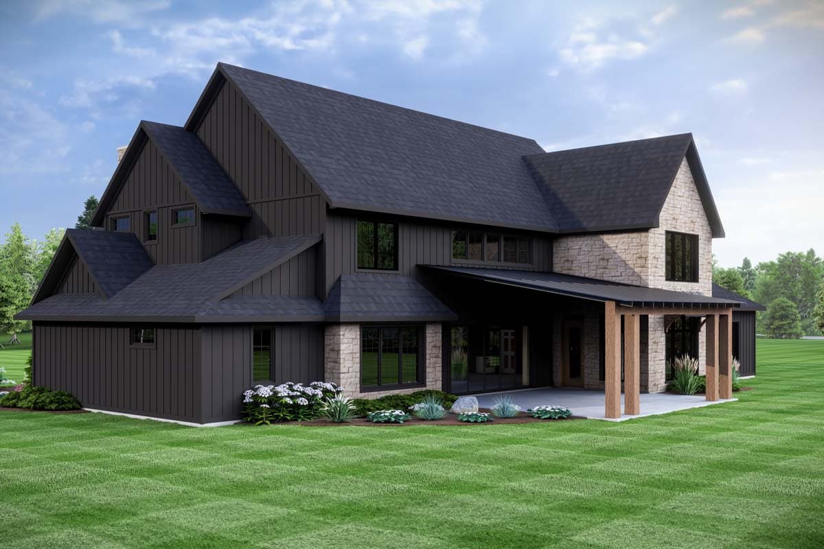 Modern house plan exterior with stone and vertical siding, multiple gables, covered patio with wood columns, and dark-framed windows.