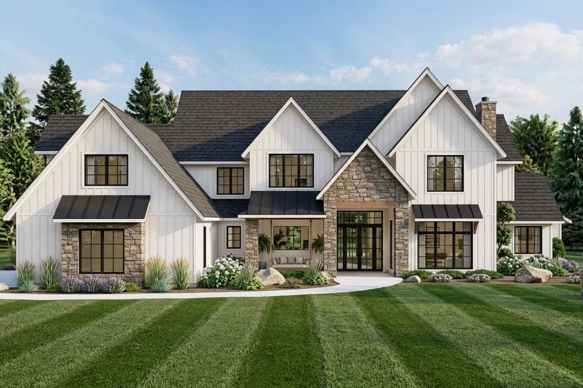 House plan exterior. Two-story Modern Farmhouse with gabled rooflines, stone accents, and black board and batten siding.
