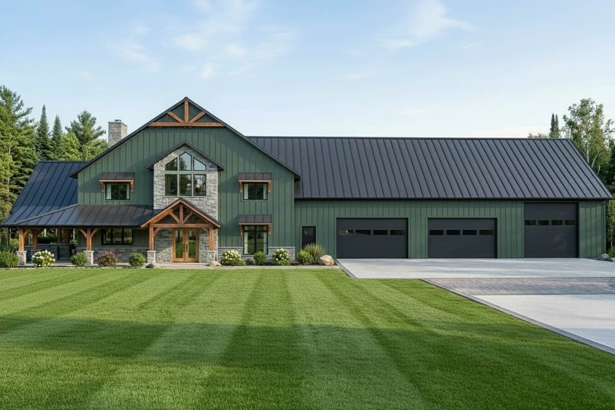 House plan exterior. Two-story Modern Farmhouse with a gabled roofline, front porch with exposed rafters, and three-car garage.