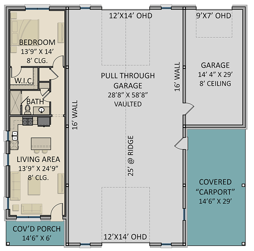 Plan 25439TF: Barn-Like RV-Friendly Garage with Workshop, Carport and Apartment - Floor Plan - Main Level - Barndominium, Country, Traditional