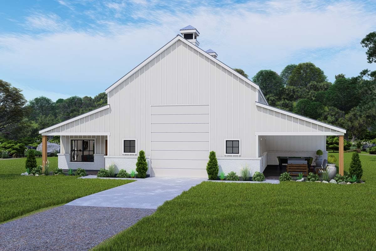 House plan exterior: Modern barn style, white vertical siding, large central garage door, front porch, and covered rear patio.