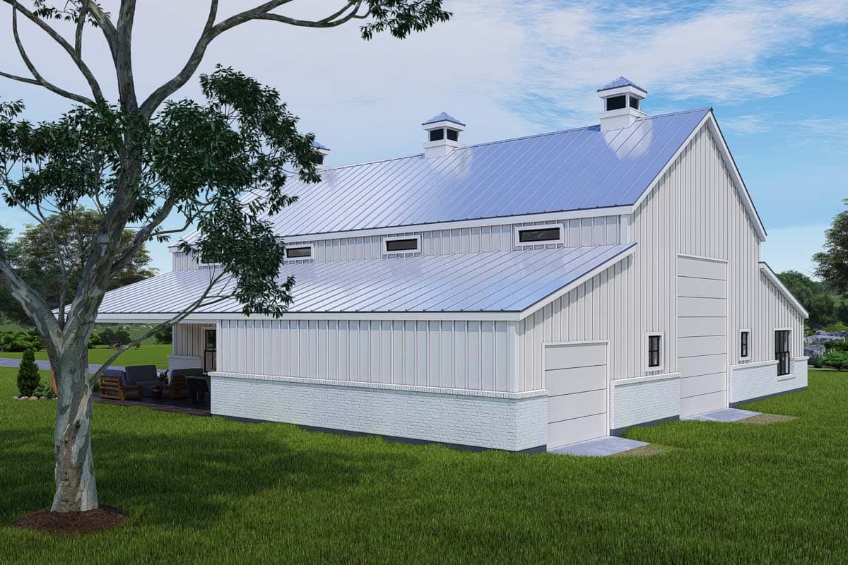 House plan exterior of a Modern Farmhouse style home with a metal roof, dormers, and a covered porch.
