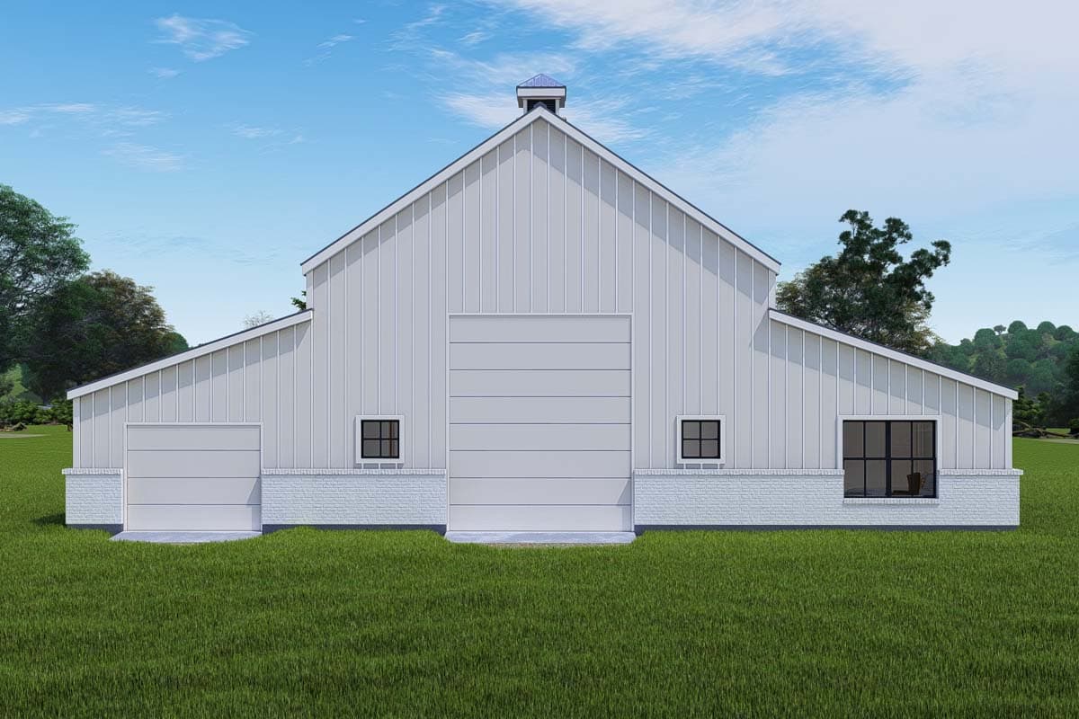 Modern Farmhouse house plan exterior with white vertical siding, gambrel roof, large central garage door, one side garage door, and brick foundation.