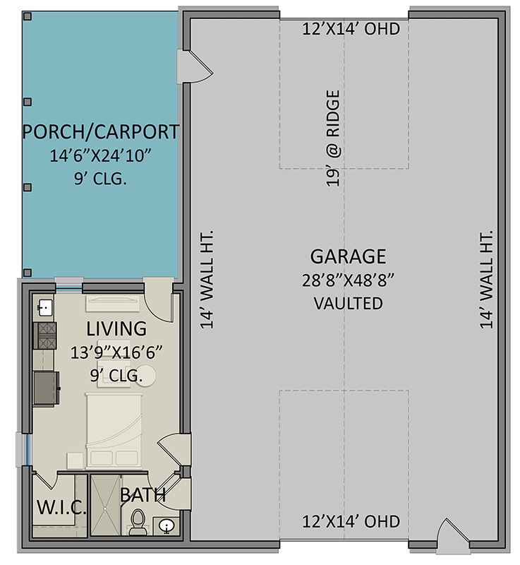 Plan 25440TF: Drive-Through RV Garage Workshop with 395 Square Feet of Living Quarters - Floor Plan - Main Level - Traditional
