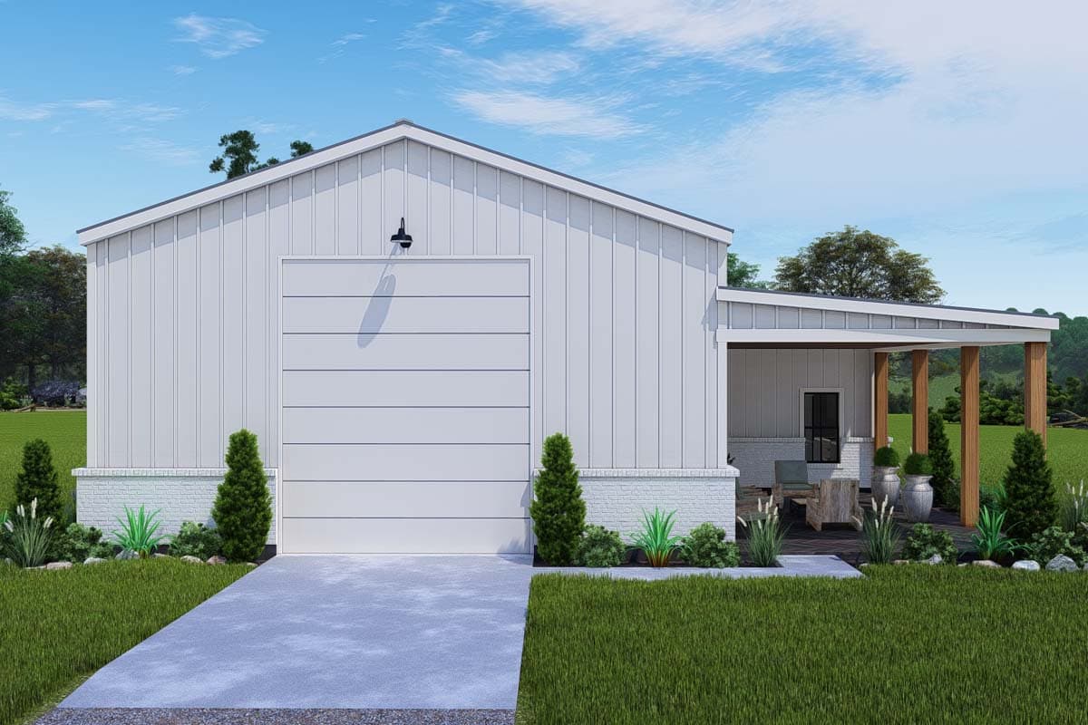 House plan exterior with a modern style. Features include a gable roof, covered porch, and attached garage with a sectional door.
