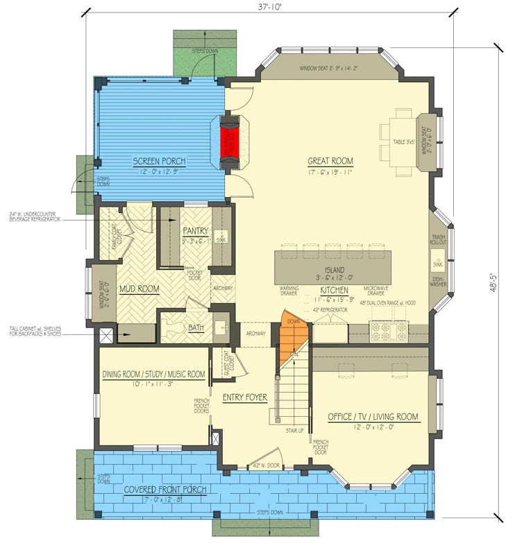Plan 654018KNA: 5-Bed Modern Colonial House Plan with 3rd Floor Flex Room - 2799 Sq Ft - Floor Plan - Main Level - Colonial, Contemporary, Cottage, New American, Traditional