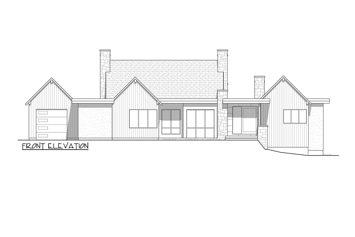 Front elevation of a house plan showing a two-car garage, gables, stone chimneys, and large windows.