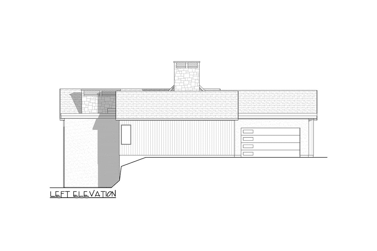 Left elevation drawing of a house plan featuring a chimney, a window, and a four-panel garage door.