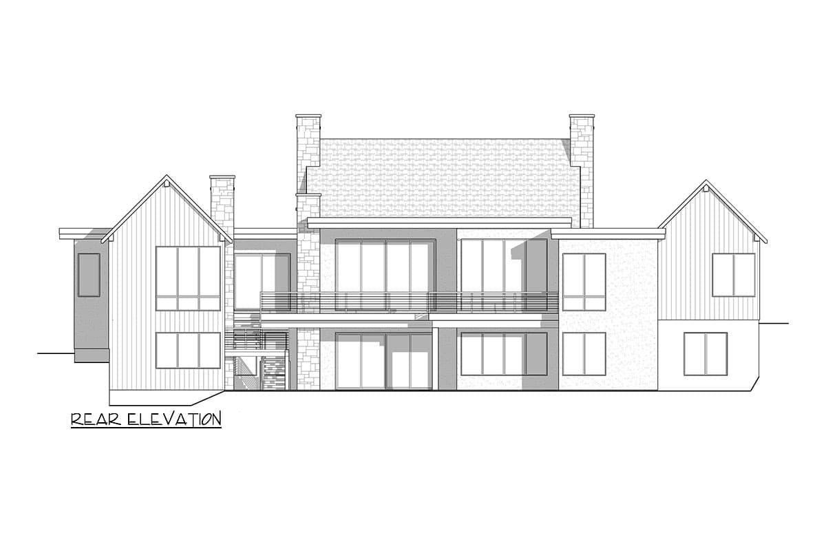 Rear elevation drawing of a multi-story house with gables, stone and vertical siding, and multiple balconies.