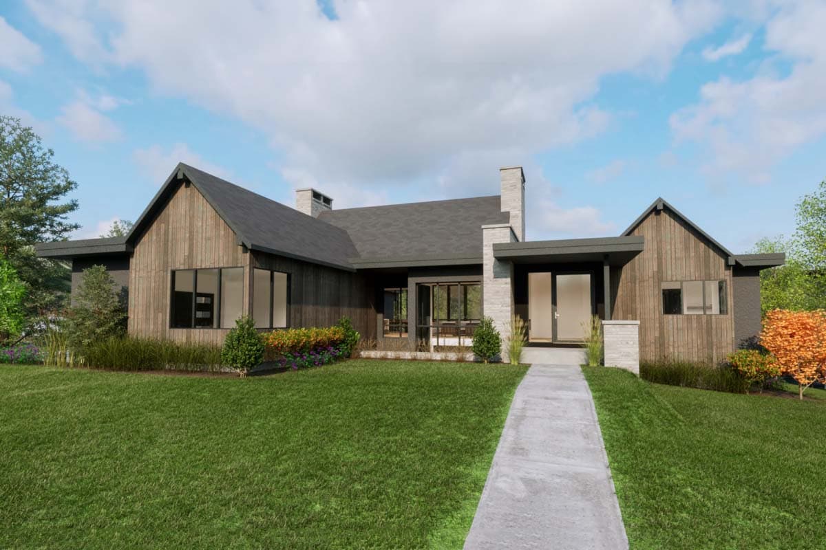 House plan exterior with board and batten siding, gable roof, and covered entry. Features include a prominent chimney and multiple large windows.