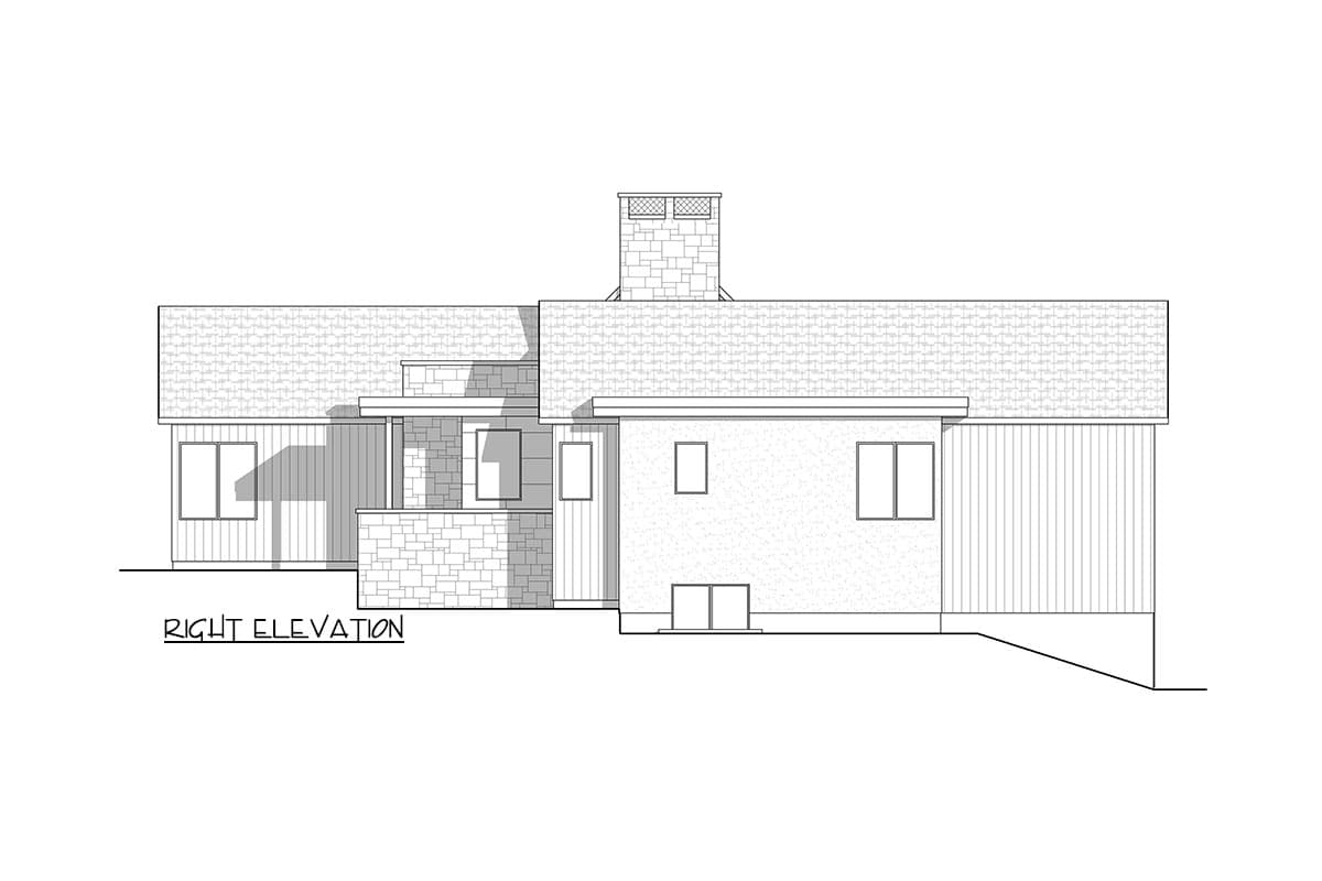 Right elevation drawing of a house plan, showing a single-story structure with mixed siding, stone accents, and a prominent chimney.