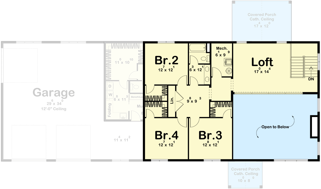 Plan 623319DJ: 4-Bed Barndominium-Style House Plan with Loft Overlook - 3263 Sq Ft - Floor Plan - 2nd Floor - Barndominium, Country, Traditional