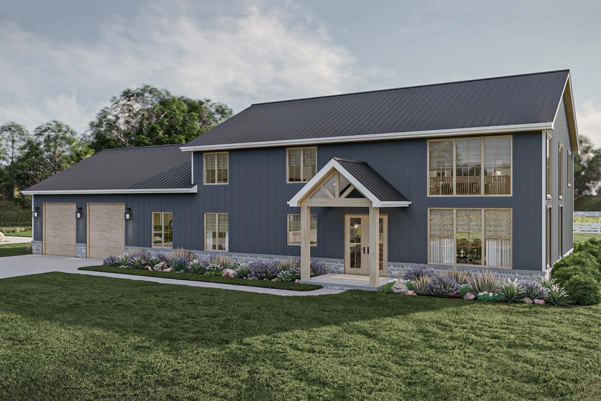 House plan exterior. Two-story Modern Farmhouse with a gabled roof, covered entry porch, and attached garage. Large windows and vertical siding.