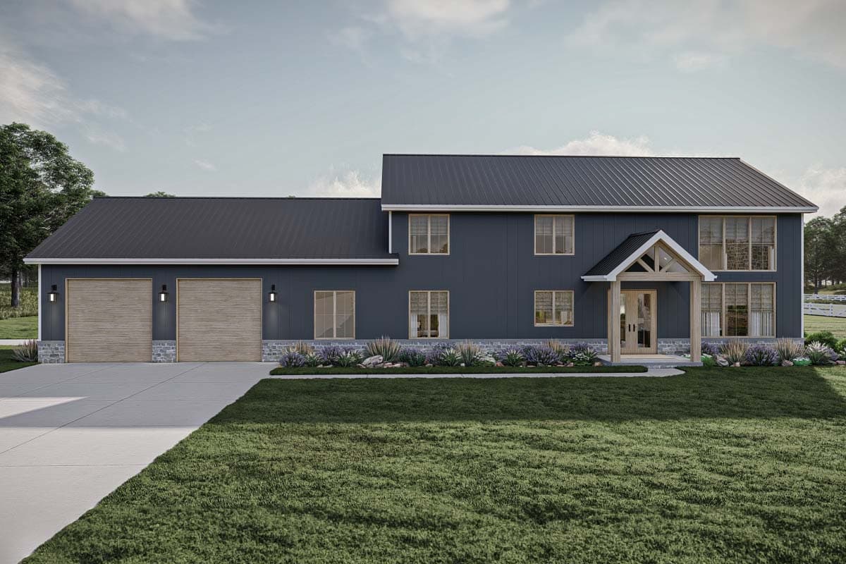 House plan exterior: two-story Modern Farmhouse with metal roof, two-car garage, stone foundation, and gabled entrance.