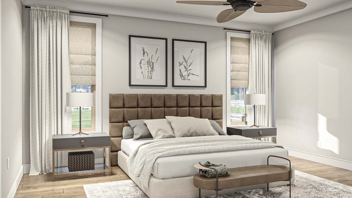Bedroom rendering with tufted headboard, two nightstands with lamps, large windows with Roman shades, and a ceiling fan.