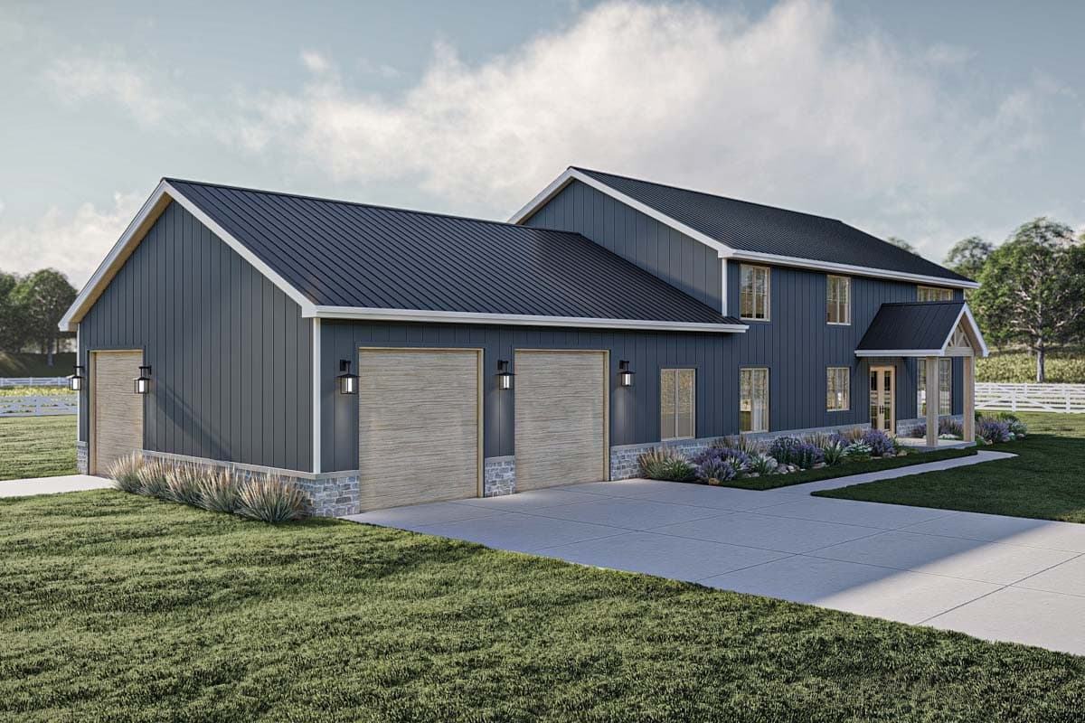 Modern Farmhouse two-story house plan exterior with dark siding, a black metal roof, and a three-car garage.