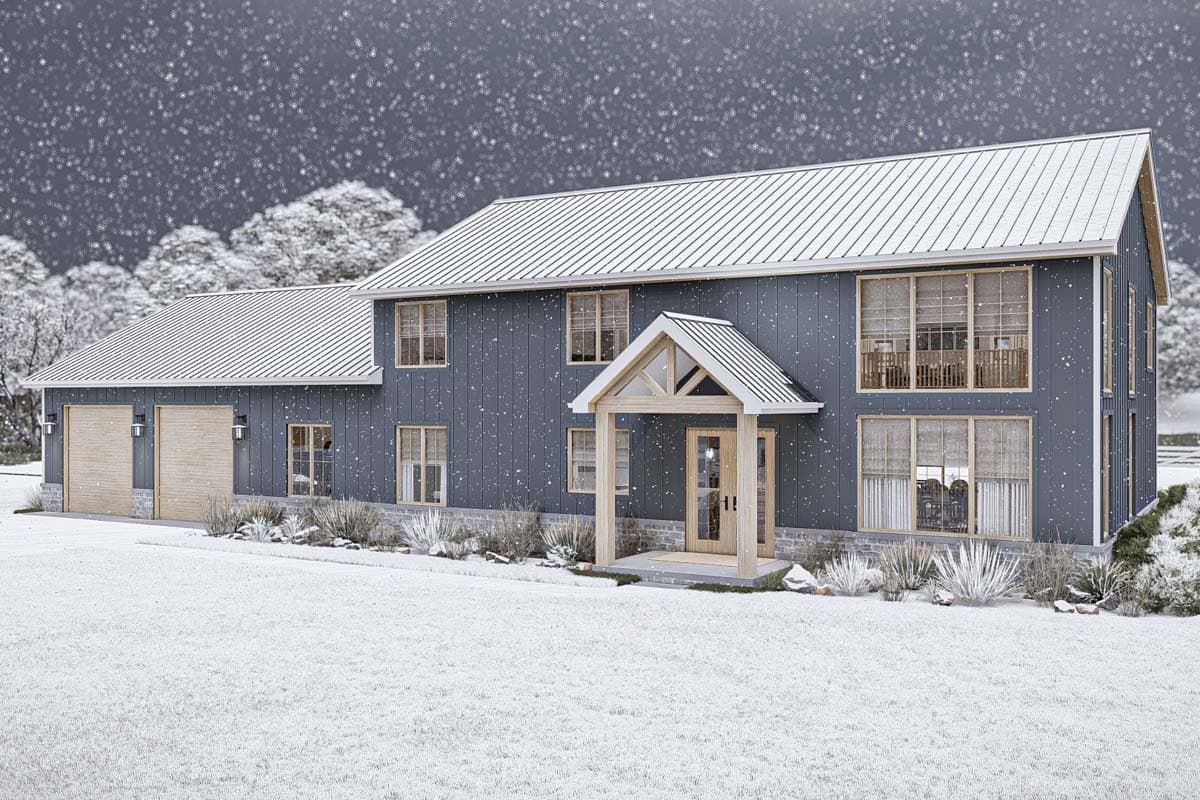 Modern Farmhouse house plan exterior with dual garage doors, gable roof, metal roof, and prominent entryway.