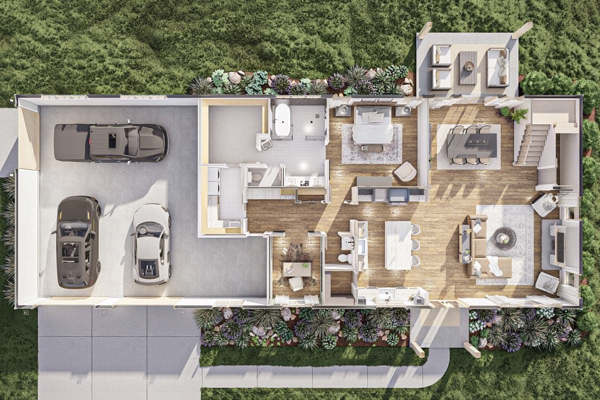 Floor plan showing a two-car garage, open-concept living area with kitchen island, dining, and living rooms, three bedrooms, and outdoor patio.