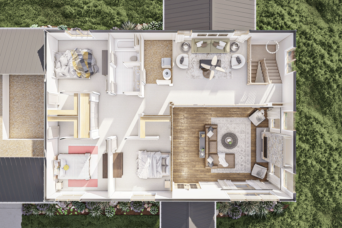 House plan interior rendering of main level with two bedrooms, two bathrooms, great room, living area with fireplace, and stairs.
