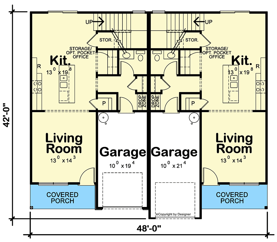 Plan 42449DB: Duplex House Plan with 3 Upstairs Bedrooms - 1528 Sq Ft Each Unit - Floor Plan - Main Level - Modern Farmhouse, New American
