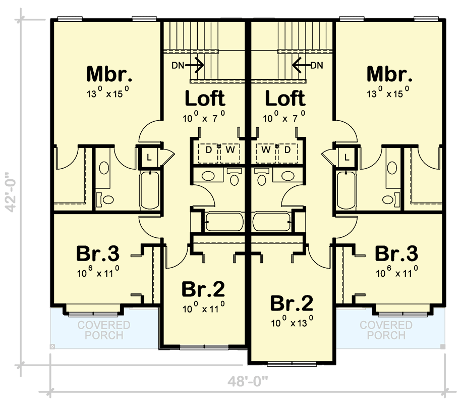 Plan 42449DB: Duplex House Plan with 3 Upstairs Bedrooms - 1528 Sq Ft Each Unit - Floor Plan - 2nd Floor - Modern Farmhouse, New American