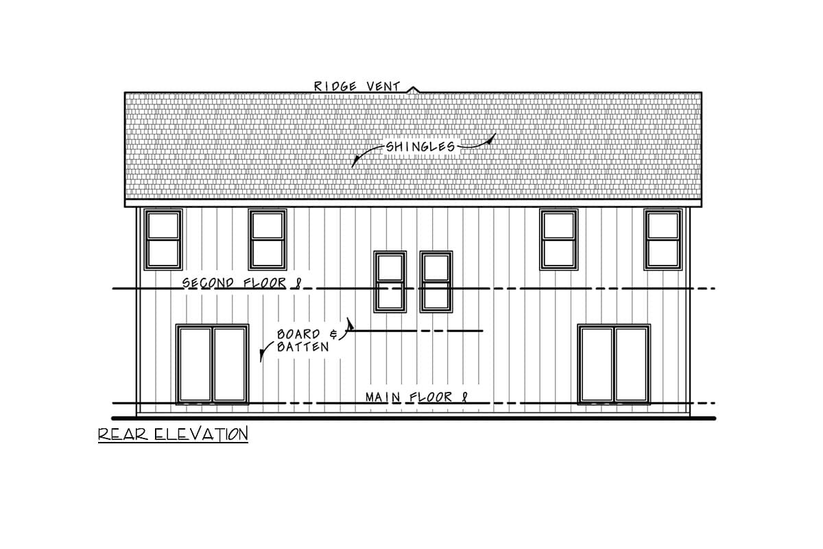 Rear elevation drawing of a two-story house with board and batten siding, featuring second-floor windows and main-floor sliding doors.