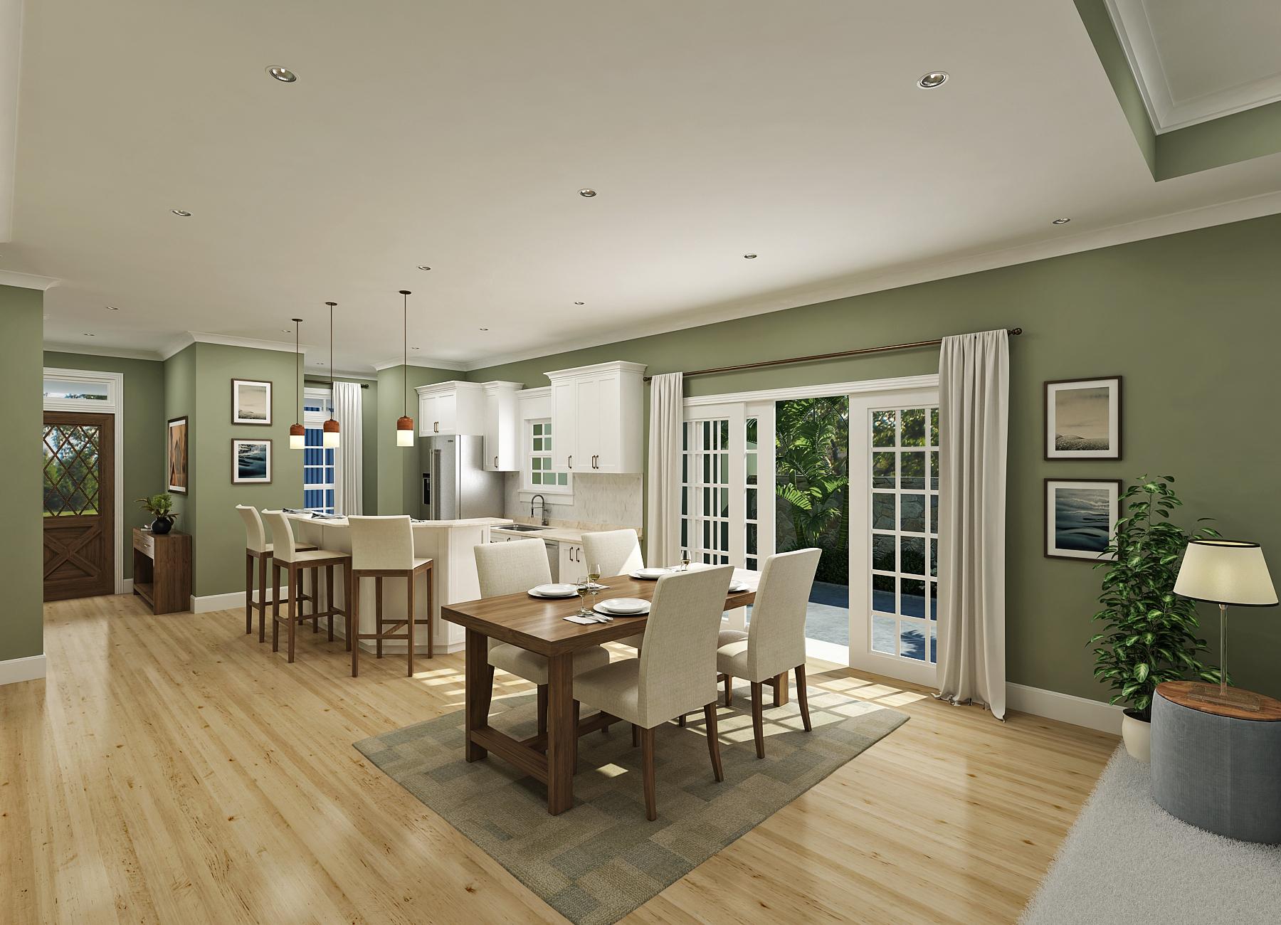 Open concept dining area and kitchen with island, white cabinetry, and double glass doors leading outdoors.