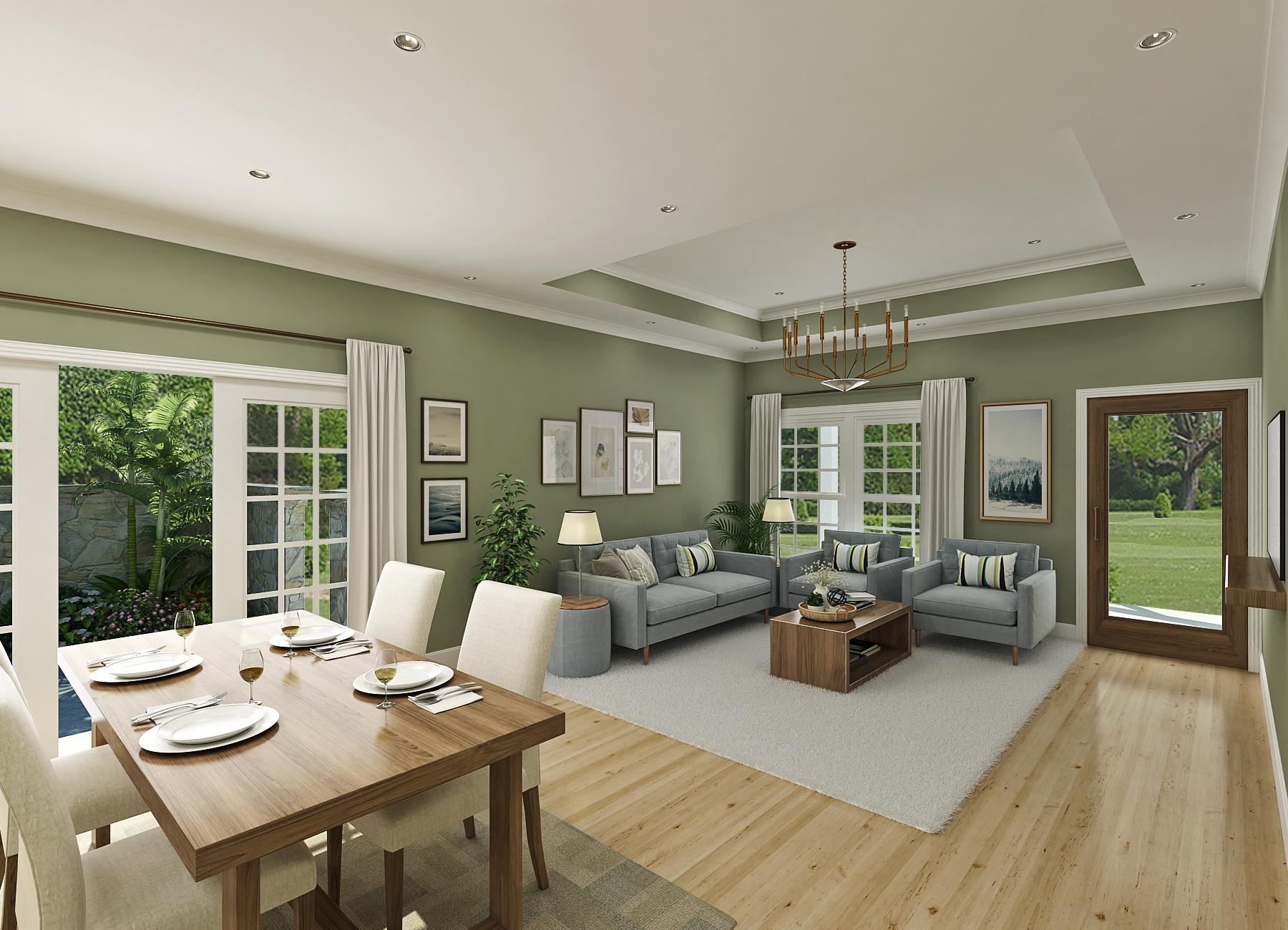 Open concept dining and living area with a tray ceiling, large windows, and glass doors leading to outdoor spaces.