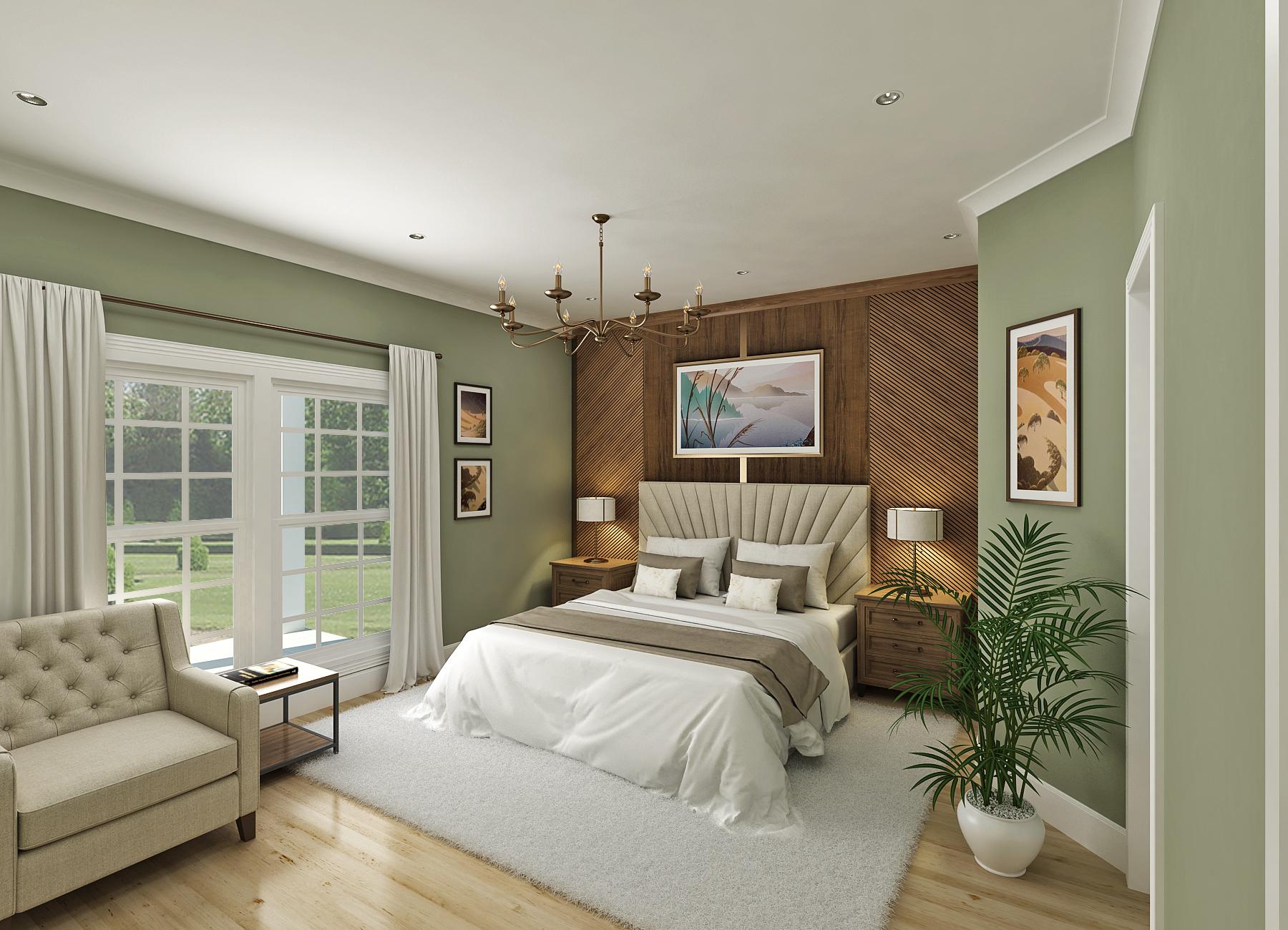 Primary bedroom with king bed, upholstered headboard, wood accent wall, large windows, and seating area.